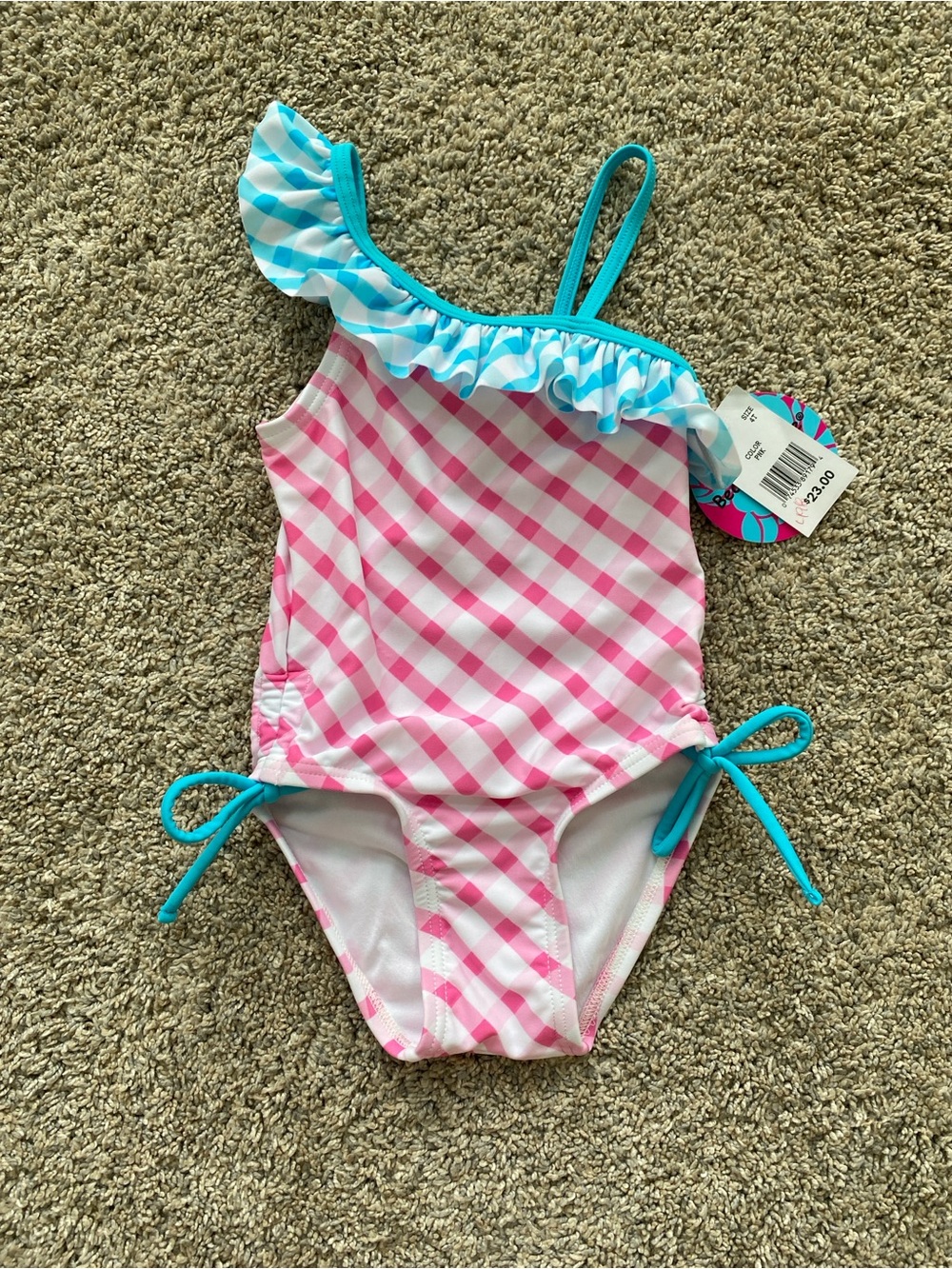 Girls Pink Gingham One-Shoulder Ruffle Swimsuit with Aqua Trim